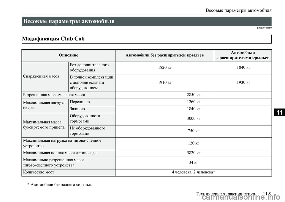 MITSUBISHI L200 2018  Руководство по эксплуатации и техобслуживанию (in Russian) Весовые параметры автомобиля
Технические характеристики11-9
11
E01100408650
Весовые параметры автомобиля 
Модифика