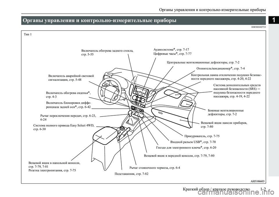 MITSUBISHI L200 2019  Руководство по эксплуатации и техобслуживанию (in Russian) Органы управления и контрольно-измерительные приборы
Краткий обзор / краткое руководство 1-2
1
�(�����������
О