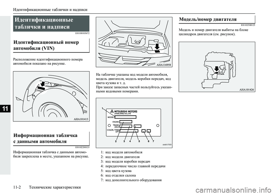 MITSUBISHI L200 2019  Руководство по эксплуатации и техобслуживанию (in Russian) Идентификационные таблички и надписи
11-2 Технические характеристики
11
�(�����������
JZkiheh`_gb_�b^_glbnbd