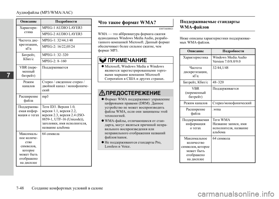 MITSUBISHI L200 2020 Руководство по эксплуатации и техобслуживанию (in Russian) Аудиофайлы (MP3/WMA/AAC)
7-48 Создание комфортных условий в салоне
7
E00736600021
WMA — это аббревиатура формата сжатия ауд MITSUBISHI L200 2020 Руководство по эксплуатации и техобслуживанию (in Russian) Аудиофайлы (MP3/WMA/AAC)
7-48 Создание комфортных условий в салоне
7
E00736600021
WMA — это аббревиатура формата сжатия ауд