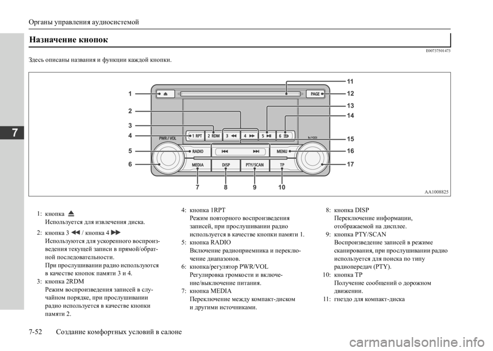 MITSUBISHI L200 2020  Руководство по эксплуатации и техобслуживанию (in Russian) Органы управления аудиосистемой 
7-52 Создание комфортных условий в салоне
7
E00737501473
Здесь описаны названия и ф