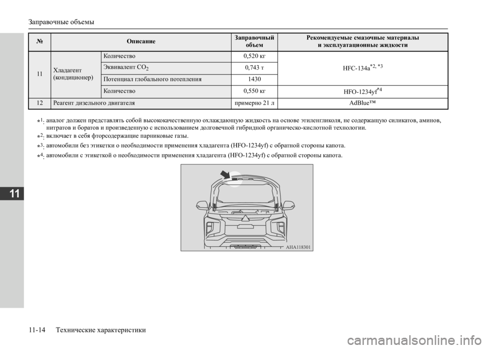 MITSUBISHI L200 2020  Руководство по эксплуатации и техобслуживанию (in Russian) Заправочные объемы 
11-14 Технические характеристики
11
11Хладагент  (кондиционер)
Количество 0,520 кг 
HFC-134a*2, *3Экви