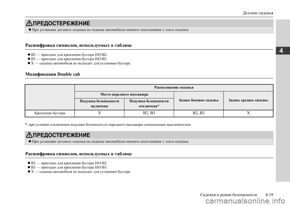 MITSUBISHI L200 2020 Руководство по эксплуатации и техобслуживанию (in Russian) Детские сиденья
Сиденья и ремни безопасности 4-19
4 B2 — пригодно для крепления бустера ISO/B2. B3 — пригодно дл MITSUBISHI L200 2020 Руководство по эксплуатации и техобслуживанию (in Russian) Детские сиденья
Сиденья и ремни безопасности 4-19
4 B2 — пригодно для крепления бустера ISO/B2. B3 — пригодно дл