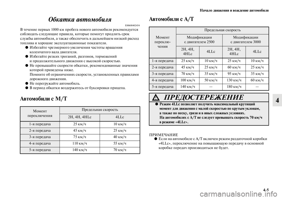 MITSUBISHI PAJERO SPORT 2012  Руководство по эксплуатации и техобслуживанию (in Russian) Начало движения и вождение автомобиля
45
4 Обкатка автомобиля
E00600402454В течение первых 1000 км пробега нового авт