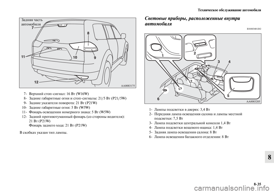 MITSUBISHI PAJERO SPORT 2012 Руководство по эксплуатации и техобслуживанию (in Russian) Техническое обслуживание автомобиля
835
8
В скобках указан тип лампы.
Световые приборы, расположенные внутри
MITSUBISHI PAJERO SPORT 2012 Руководство по эксплуатации и техобслуживанию (in Russian) Техническое обслуживание автомобиля
835
8
В скобках указан тип лампы.
Световые приборы, расположенные внутри
