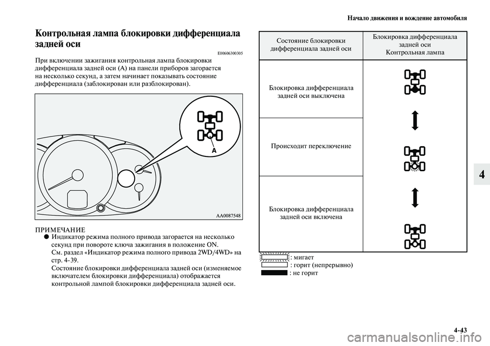 MITSUBISHI PAJERO SPORT 2014  Руководство по эксплуатации и техобслуживанию (in Russian) Начало движения и вождение автомобиля
443
4
Контрольная лампа блокировки дифференциала 
задней оси
E00606300305При 