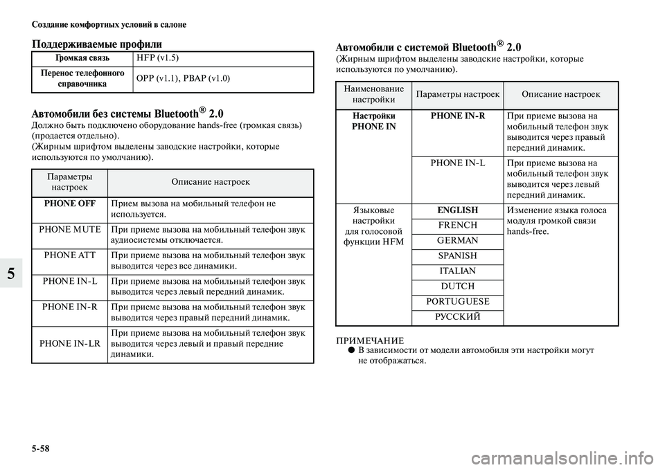 MITSUBISHI PAJERO SPORT 2014  Руководство по эксплуатации и техобслуживанию (in Russian) 558 Создание комфортных условий в салоне
5
Поддерживаемые профили  
Автомобили без системы Bluetooth
® 2.0  Должно бы