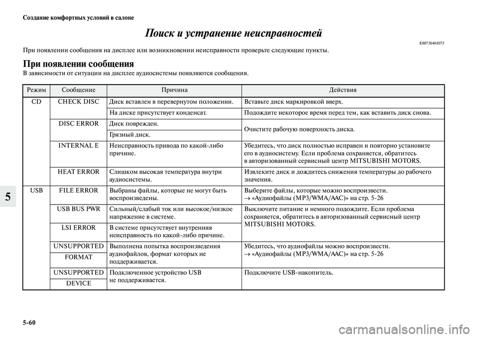 MITSUBISHI PAJERO SPORT 2014 Руководство по эксплуатации и техобслуживанию (in Russian) 560 Создание комфортных условий в салоне
5Поиск и устранение неисправностей
E00738401075При появлении сообщения на MITSUBISHI PAJERO SPORT 2014 Руководство по эксплуатации и техобслуживанию (in Russian) 560 Создание комфортных условий в салоне
5Поиск и устранение неисправностей
E00738401075При появлении сообщения на