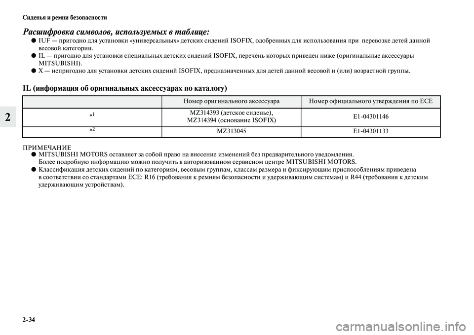 MITSUBISHI PAJERO SPORT 2014 Руководство по эксплуатации и техобслуживанию (in Russian) 234 Сиденья и ремни безопасности
2
Расшифровка символов, используемых в таблице:●IUF — пригодно для установки MITSUBISHI PAJERO SPORT 2014 Руководство по эксплуатации и техобслуживанию (in Russian) 234 Сиденья и ремни безопасности
2
Расшифровка символов, используемых в таблице:●IUF — пригодно для установки