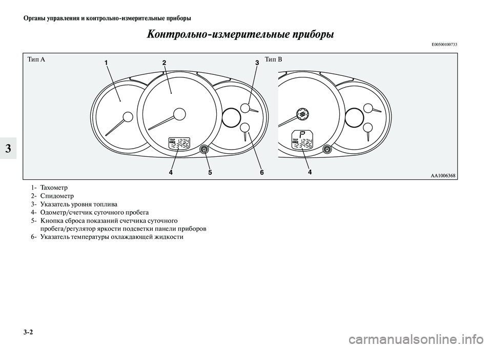 MITSUBISHI PAJERO SPORT 2014  Руководство по эксплуатации и техобслуживанию (in Russian) 32 Органы управления и контрольноизмерительные приборы
3Контрольноизмерительные приборы
E00500100733
Ти п  АТи п 