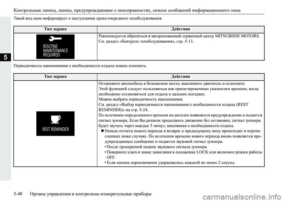 MITSUBISHI PAJERO SPORT 2016 Руководство по эксплуатации и техобслуживанию (in Russian) Контрольные лампы , лампы , предупреждающие о неисправностях , список сообщений информационного окна
5-48 Ор MITSUBISHI PAJERO SPORT 2016 Руководство по эксплуатации и техобслуживанию (in Russian) Контрольные лампы , лампы , предупреждающие о неисправностях , список сообщений информационного окна
5-48 Ор