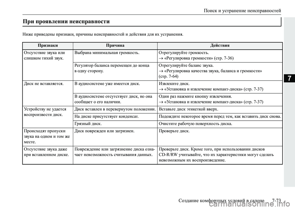 MITSUBISHI PAJERO SPORT 2016  Руководство по эксплуатации и техобслуживанию (in Russian) Поиск и  устранение  неисправностей
Создание  комфортных  условий  в  салоне 7-73
7
Ниже приведены  признаки , при