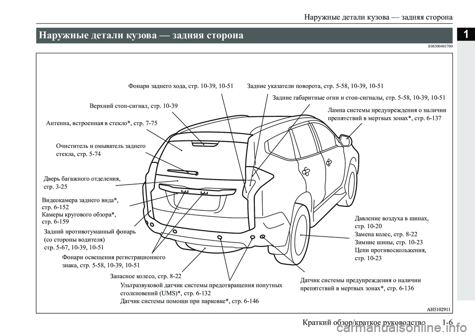 MITSUBISHI PAJERO SPORT 2016  Руководство по эксплуатации и техобслуживанию (in Russian) Наружные детали кузова  — задняя  сторона
Краткий  обзор /краткое  руководство 1-6
1
E08500401700
Наружные детали куз�