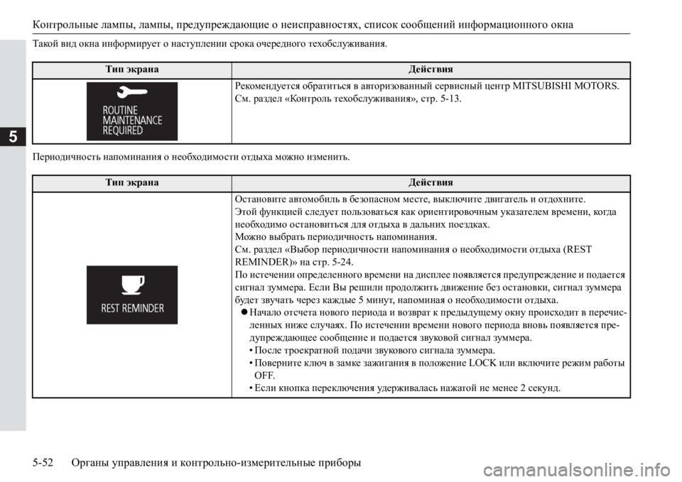 MITSUBISHI PAJERO SPORT 2017  Руководство по эксплуатации и техобслуживанию (in Russian) Контрольные лампы, лампы, предупреждающие о неисправностях, список сообщений информационного окна
5-52Органы  MITSUBISHI PAJERO SPORT 2017  Руководство по эксплуатации и техобслуживанию (in Russian) Контрольные лампы, лампы, предупреждающие о неисправностях, список сообщений информационного окна
5-52Органы