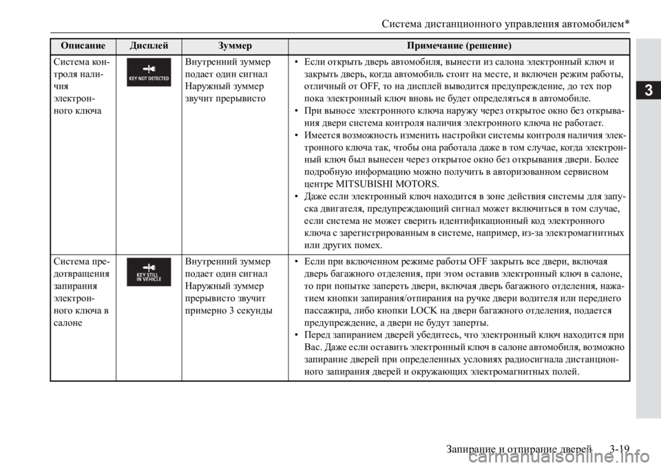 MITSUBISHI PAJERO SPORT 2017  Руководство по эксплуатации и техобслуживанию (in Russian) Система дистанционного управления автомобилем*
Запирание и отпирание дверей3-19
3
Система ко н-
троля нали-
чия
