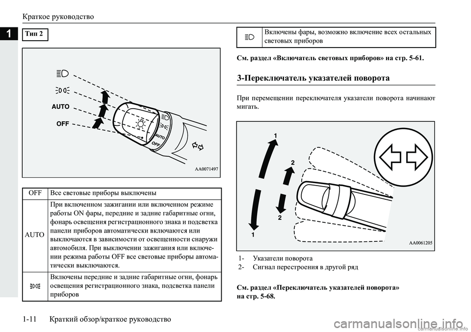 MITSUBISHI PAJERO SPORT 2018  Руководство по эксплуатации и техобслуживанию (in Russian) Краткое руководство
1-11 Краткий обзор/краткое руководство
1
См. раздел «Включатель световых приборов» на стр. 