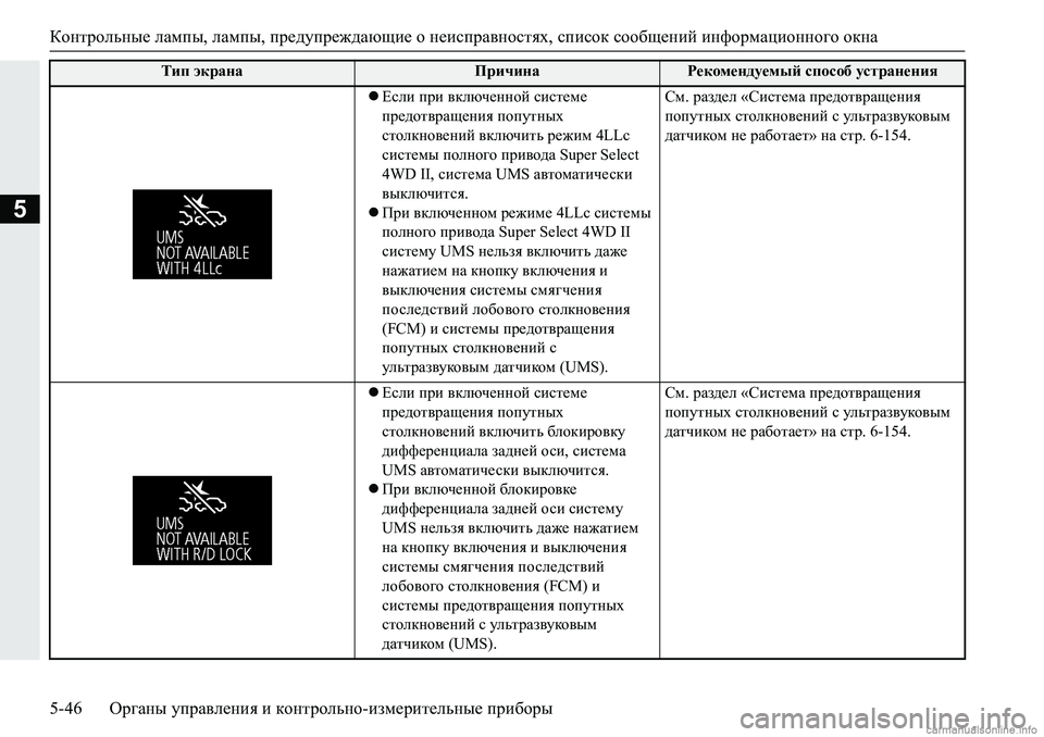 MITSUBISHI PAJERO SPORT 2018  Руководство по эксплуатации и техобслуживанию (in Russian) Контрольные лампы, лампы, предупреждающие о неисправностях, список сообщений информационного окна
5-46 Органы