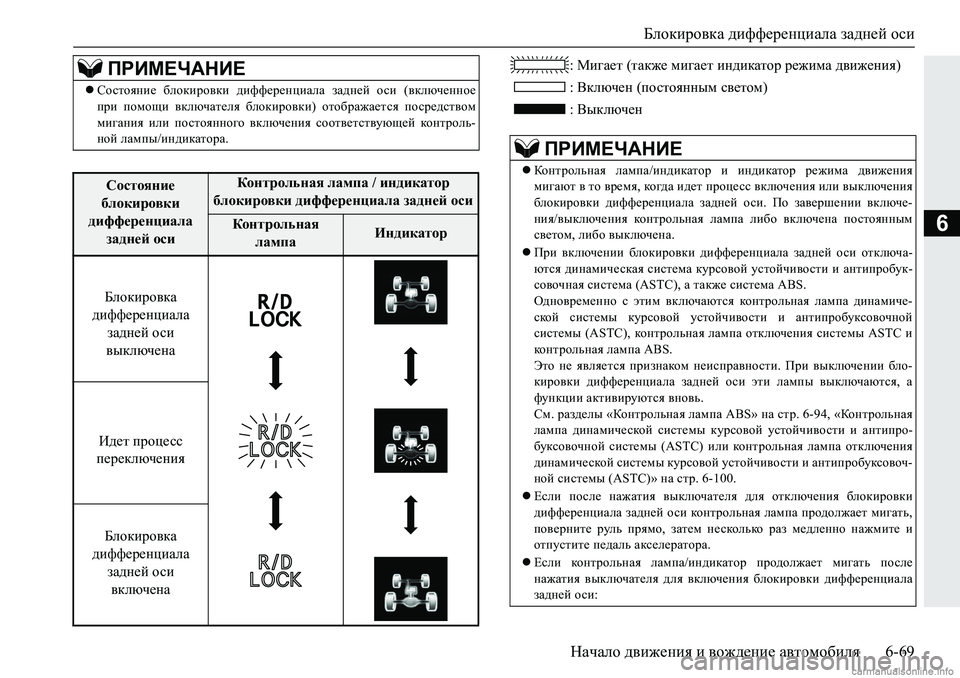 MITSUBISHI PAJERO SPORT 2018  Руководство по эксплуатации и техобслуживанию (in Russian) Блокировка дифференциала задней оси
Начало движения и вождение автомобиля 6-69
6
��Fb]Z_l��lZd`_�fb]Z_l�bg^b