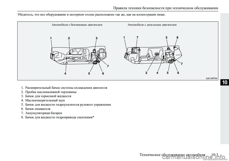MITSUBISHI PAJERO SPORT 2018  Руководство по эксплуатации и техобслуживанию (in Russian) Правила техники безопасности при техническом обслуживании
Техническое обслуживание автомобиля 10-3
10
M[_^bl
