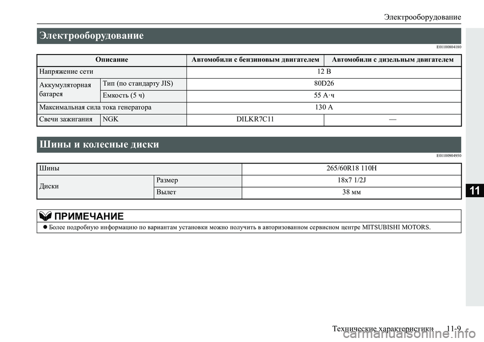 MITSUBISHI PAJERO SPORT 2018  Руководство по эксплуатации и техобслуживанию (in Russian) Электрооборудование
Технические характеристики 11-9
11
�(�����������
�(�����������
Электрооборудование 
Описа�