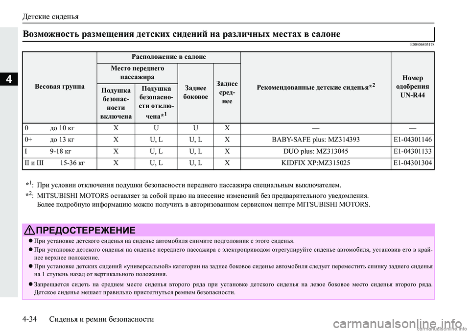 MITSUBISHI PAJERO SPORT 2018  Руководство по эксплуатации и техобслуживанию (in Russian) Детские сиденья
4-34 Сиденья и ремни безопасности
4
�(�����������
Возможность размещения детских сидений на ра�