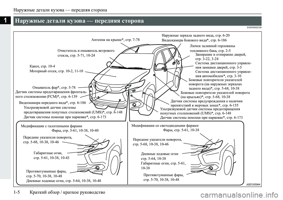 MITSUBISHI PAJERO SPORT 2019  Руководство по эксплуатации и техобслуживанию (in Russian) Наружные детали кузова — передняя сторона
1-5 Краткий обзор / краткое руководство
1
�(�����������
Наружные дет�