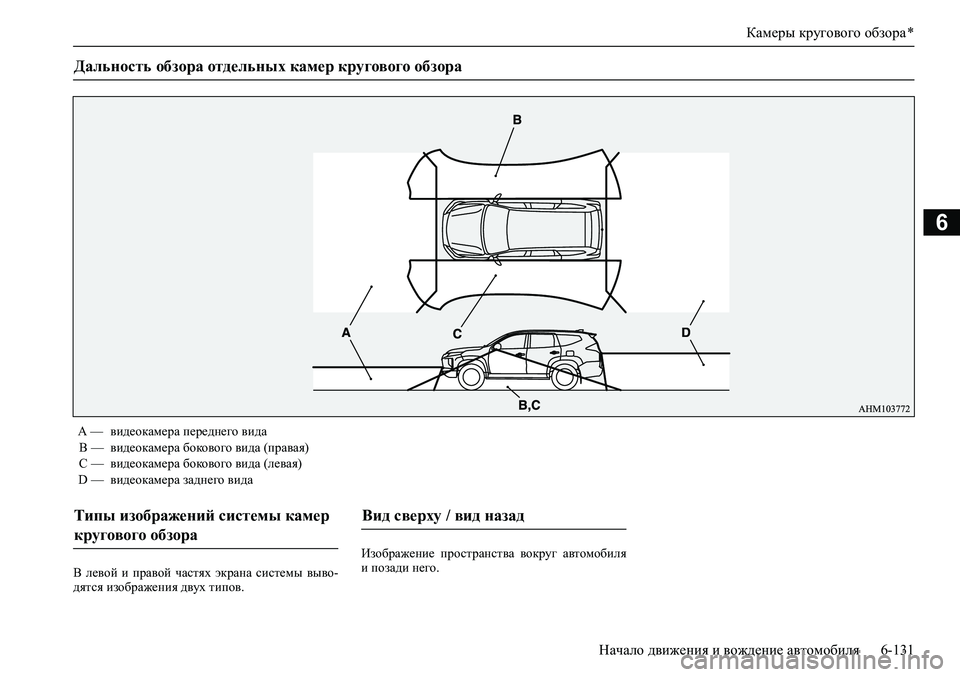 MITSUBISHI PAJERO SPORT 2020  Руководство по эксплуатации и техобслуживанию (in Russian) Камеры кругового обзора *
Начало движения и вождение автомобиля 6-131
6
В  левой  и  правой  частях  экрана  систем