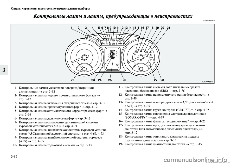 MITSUBISHI PAJERO 2014  Руководство по эксплуатации и техобслуживанию (in Russian) 310 Органы управления и контрольноизмерительные приборы
3Контрольные лампы и лампы, предупреждающие о неисп�