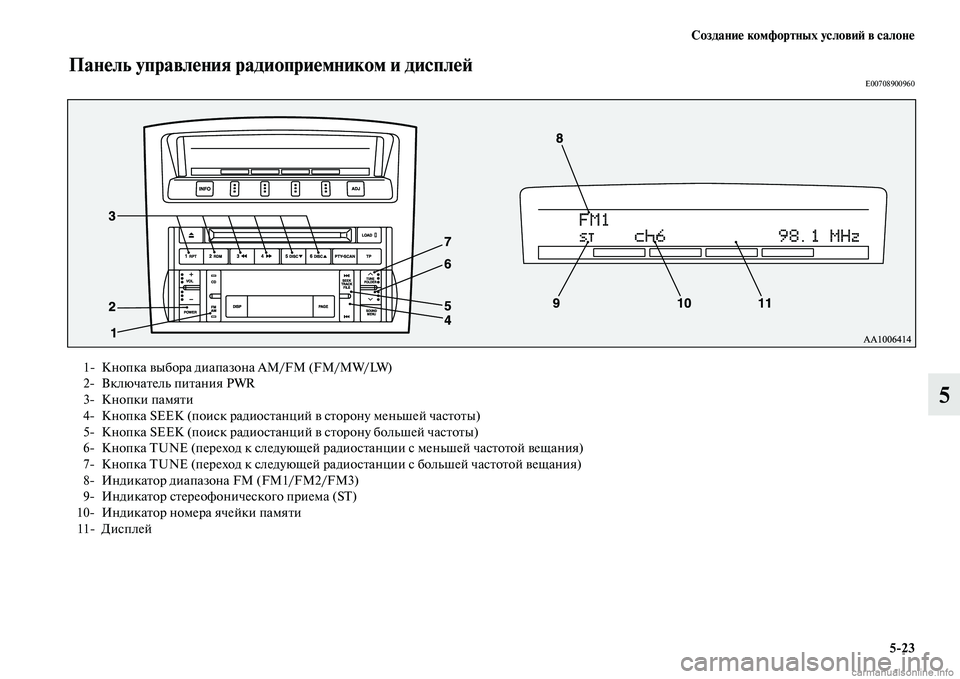 MITSUBISHI PAJERO 2014  Руководство по эксплуатации и техобслуживанию (in Russian) Создание комфортных условий в салоне
523
5
Панель управления радиоприемником и дисплейE00708900960
1 Кнопка выбора 