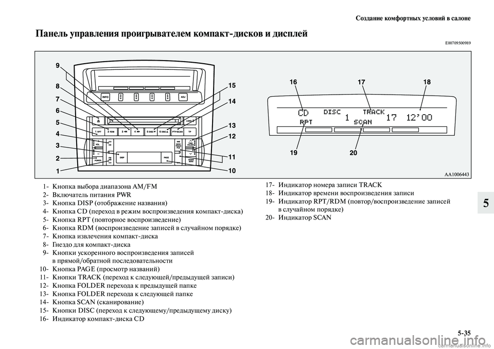 MITSUBISHI PAJERO 2014  Руководство по эксплуатации и техобслуживанию (in Russian) Создание комфортных условий в салоне
535
5
Панель управления проигрывателем компактдисков и дисплейE00709500989
1 