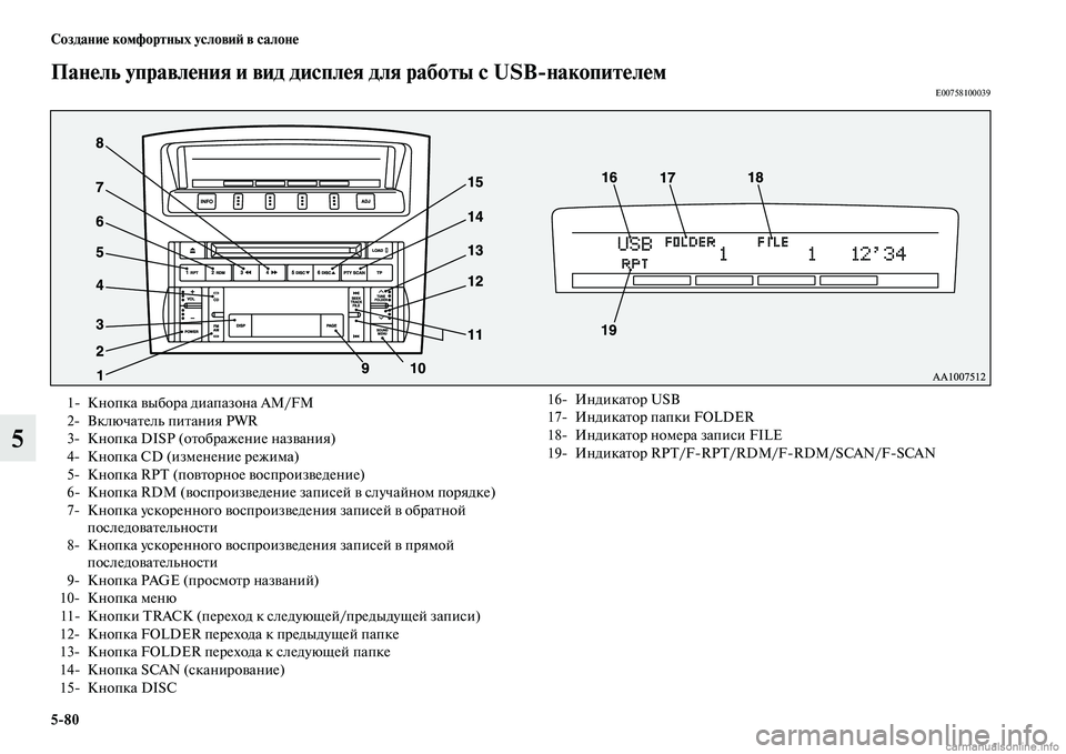MITSUBISHI PAJERO 2014  Руководство по эксплуатации и техобслуживанию (in Russian) 580 Создание комфортных условий в салоне
5
Панель управления и вид дисплея для работы с USBнакопителемE00758100039
1 