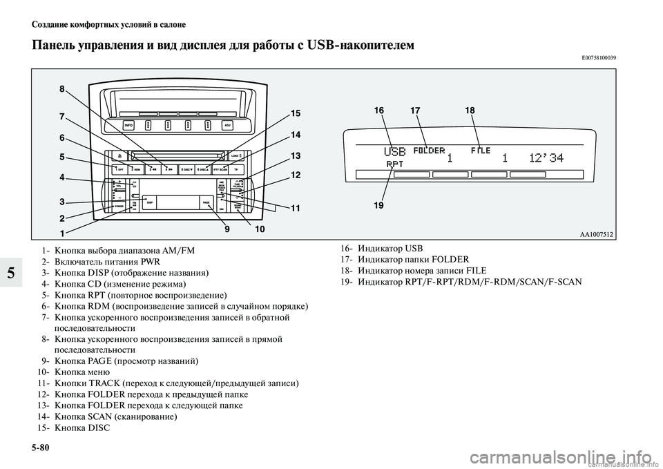 MITSUBISHI PAJERO 2014  Руководство по эксплуатации и техобслуживанию (in Russian) 580 Создание комфортных условий в салоне
5
Панель управления и вид дисплея для работы с USBнакопителемE00758100039
1 