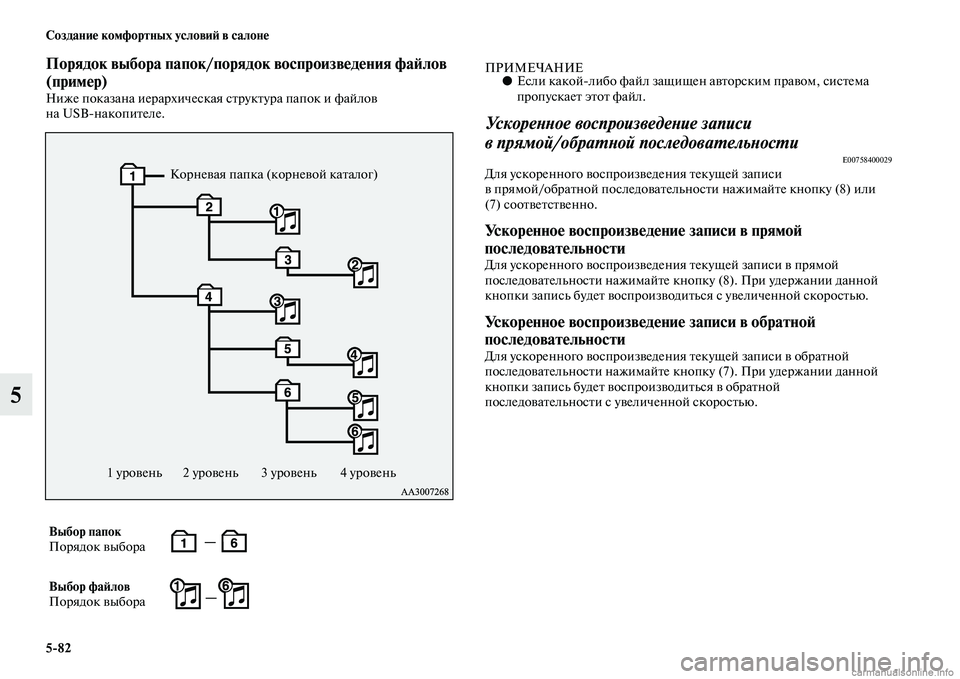 MITSUBISHI PAJERO 2014  Руководство по эксплуатации и техобслуживанию (in Russian) 582 Создание комфортных условий в салоне
5
Порядок выбора папок/порядок воспроизведения файлов 
(пример)
Ниже 