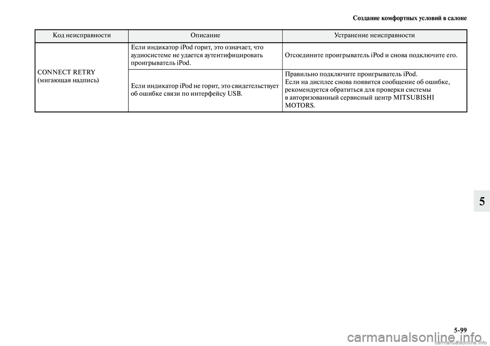 MITSUBISHI PAJERO 2014  Руководство по эксплуатации и техобслуживанию (in Russian) Создание комфортных условий в салоне
599
5
CONNECT RETRY 
(мигающая надпись)Если индикатор iPod горит, это означает, что