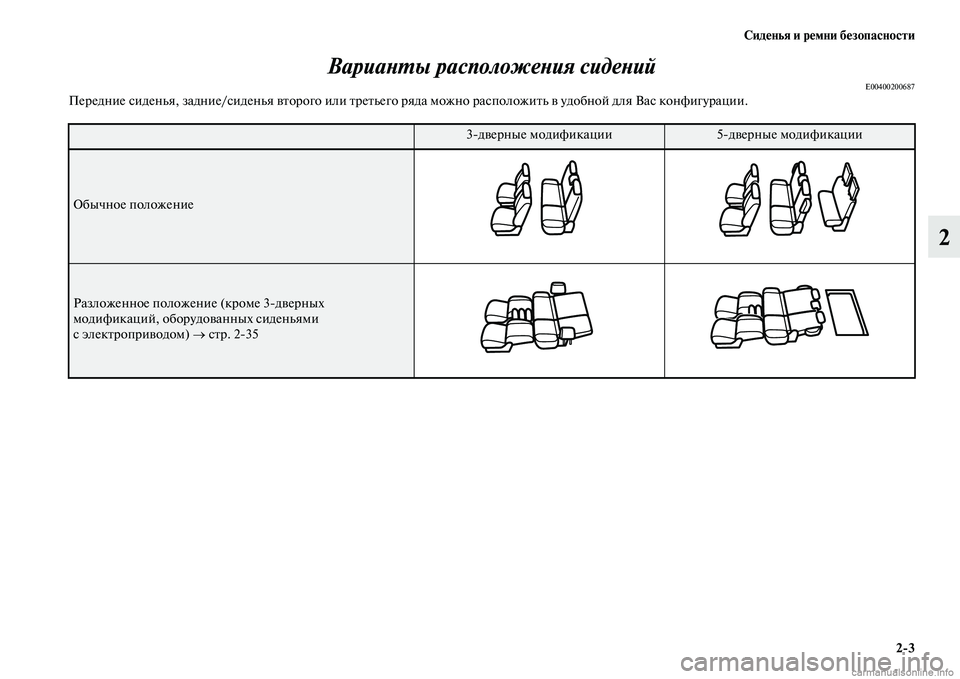 MITSUBISHI PAJERO 2014  Руководство по эксплуатации и техобслуживанию (in Russian) Сиденья и ремни безопасности
23
2 Варианты расположения сидений
E00400200687Передние сиденья, задние/сиденья второ