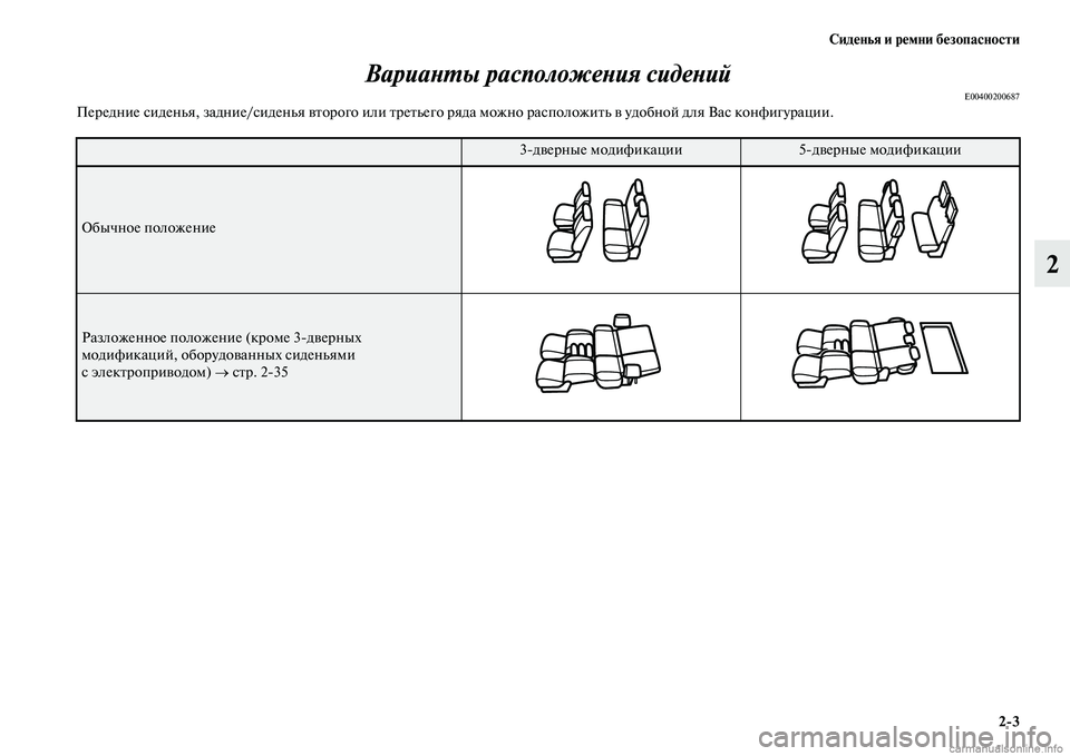 MITSUBISHI PAJERO 2014  Руководство по эксплуатации и техобслуживанию (in Russian) Сиденья и ремни безопасности
23
2 Варианты расположения сидений
E00400200687Передние сиденья, задние/сиденья второ