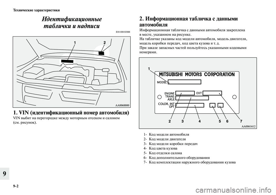 MITSUBISHI PAJERO 2014  Руководство по эксплуатации и техобслуживанию (in Russian) 92 Технические характеристики
9Идентификационные 
таблички и надписи
E01100102088
1. VIN (идентификационный номер ав