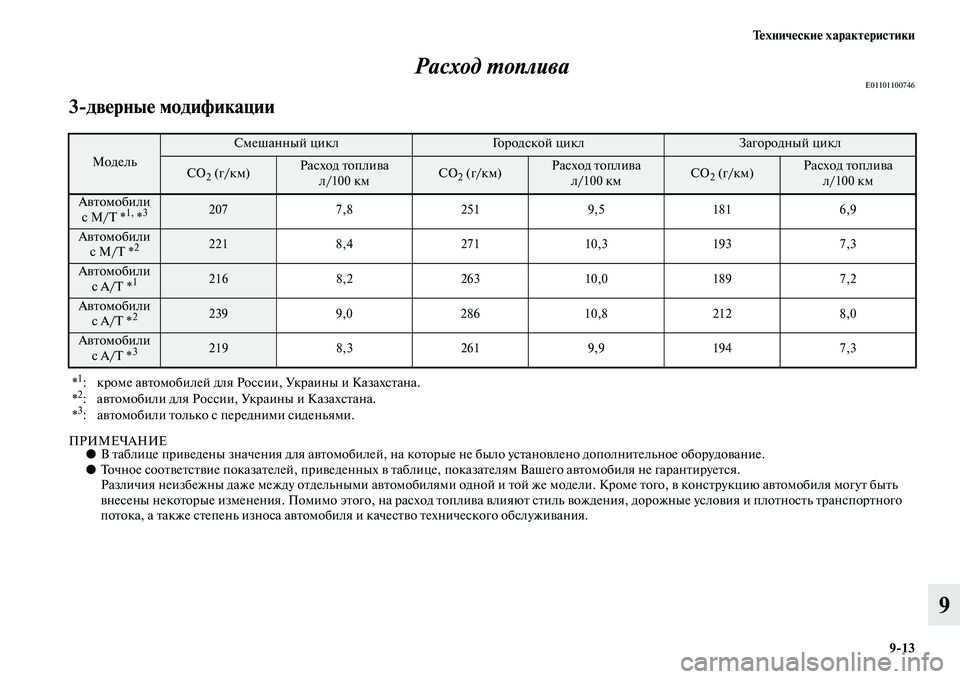 MITSUBISHI PAJERO 2014  Руководство по эксплуатации и техобслуживанию (in Russian) Технические характеристики
913
9 Расход топлива
E01101100746
3дверные модификации
ПРИМЕЧАНИЕ●В таблице приведены 