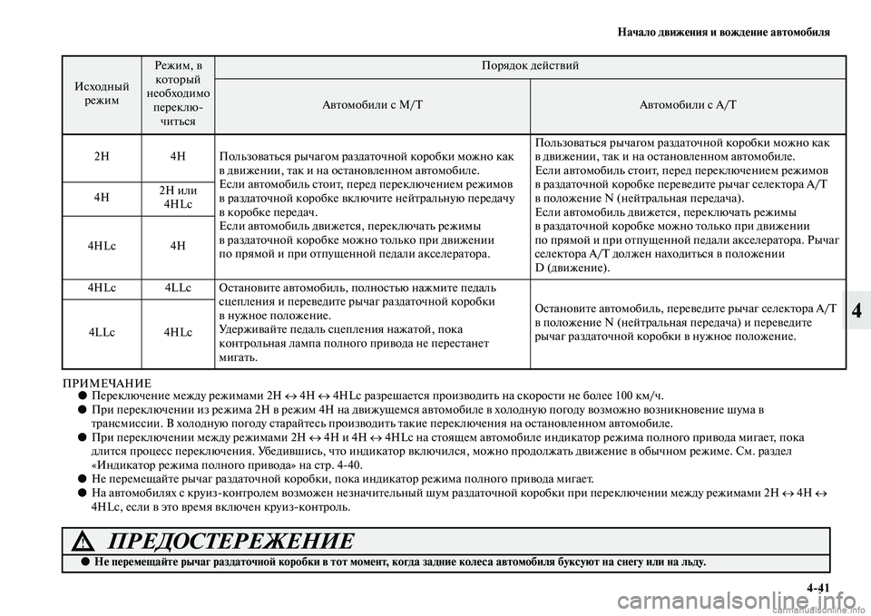 MITSUBISHI PAJERO 2015  Руководство по эксплуатации и техобслуживанию (in Russian) Начало движения и вождение автомобиля4ЯK41
4
ПРИМЕЧАНИЕ●ПеT]еключение между T]ежимами 2H  ↔ 4H  ↔ 4HLc T]азT]ешаеTbся 