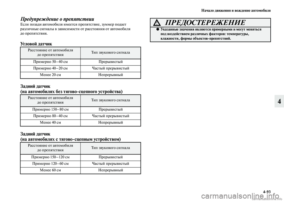 MITSUBISHI PAJERO 2015  Руководство по эксплуатации и техобслуживанию (in Russian) Начало движения и вождение автомобиля4ЯK93
4
ПредупреждеLbие о препяLкLPсLPвииЕсли позади авTbомобиля имееTbся пT]е