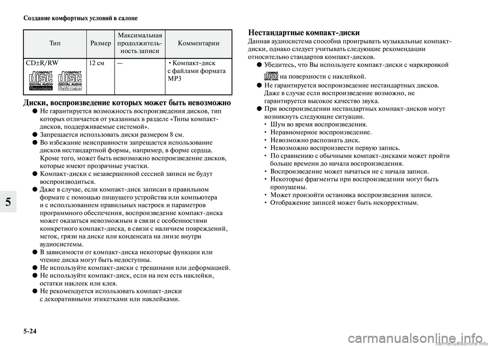MITSUBISHI PAJERO 2015  Руководство по эксплуатации и техобслуживанию (in Russian) 5ЯK24 Создание комфортных условиЯЫ в салоне
5
Диски, воспроизведение которых может быть невозможно●Не гаT]анTbи