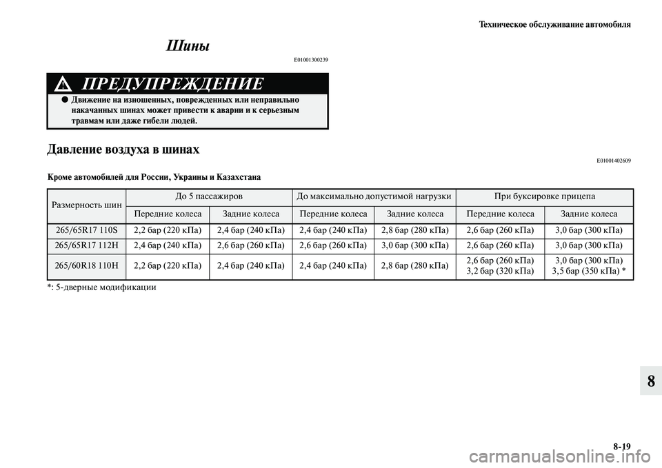 MITSUBISHI PAJERO 2015  Руководство по эксплуатации и техобслуживанию (in Russian) Техническое обслуживание автомобиля8ЯK19
8
ШиLbы
E01001300239
Давление воздуха в шинахE01001402609
Кроме автомобилеЯЫ для 