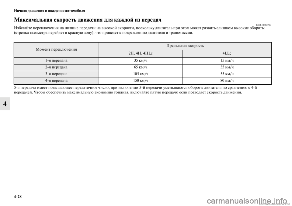 MITSUBISHI PAJERO 2016  Руководство по эксплуатации и техобслуживанию (in Russian) 4ЯK28 Начало движения и вождение автомобиля
4
Максимальная скорость движения для каждоЯ; из передачE00610802767Избе