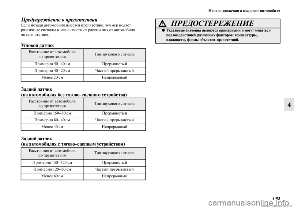 MITSUBISHI PAJERO 2016  Руководство по эксплуатации и техобслуживанию (in Russian) Начало движения и вождение автомобиля4ЯK93
4
ПредупреждеLbие о препяLкL.сL.вииЕсли позади авFbомобиля имееFbся пF+е