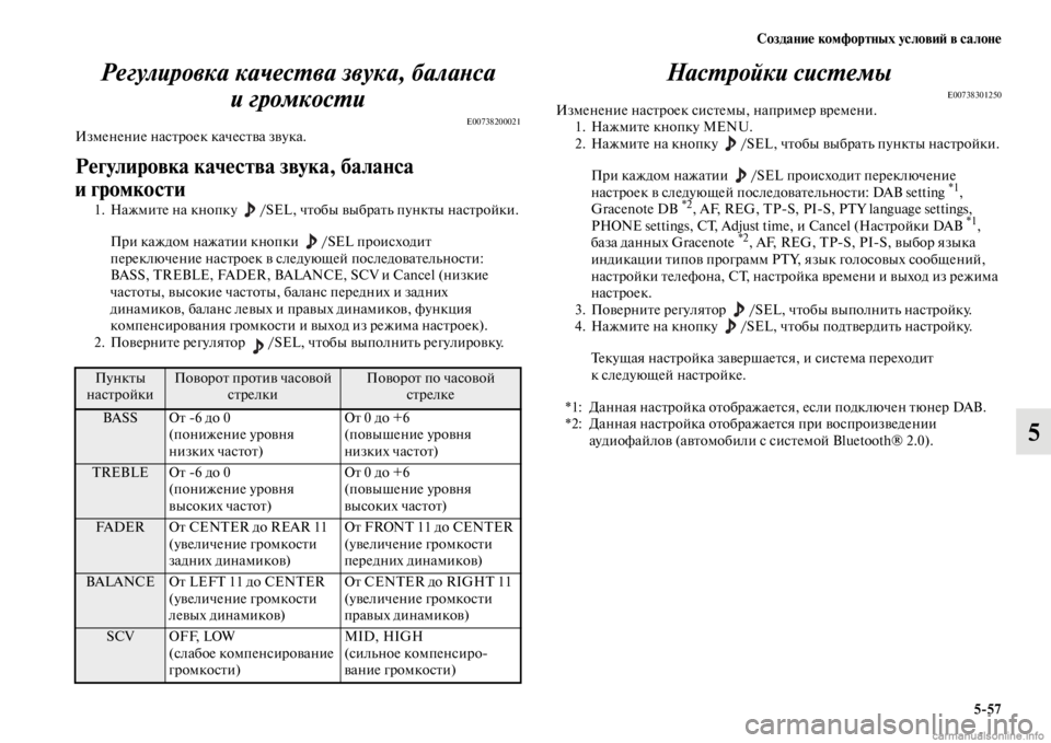 MITSUBISHI PAJERO 2016  Руководство по эксплуатации и техобслуживанию (in Russian) Создание комфортных условиЯ; в салоне5ЯK57
5
Регулировка качесL.ва звукаLк, балаLbса 
игромкосL.и
E00738200021Изменение