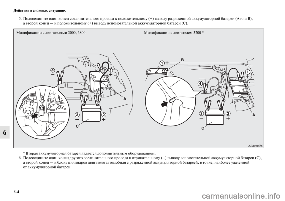 MITSUBISHI PAJERO 2016  Руководство по эксплуатации и техобслуживанию (in Russian) 6ЯK4 ДеЯ;ствия в сложных ситуациях
6
5. ПодсоединиFbе один конец соединиFbельного пF+овода к положиFbельному (+) выв