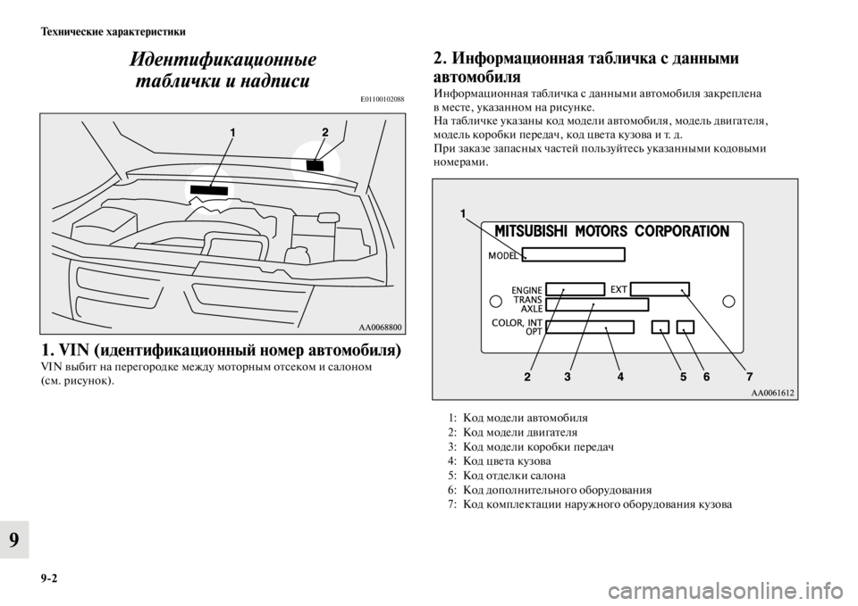 MITSUBISHI PAJERO 2016  Руководство по эксплуатации и техобслуживанию (in Russian) 9ЯK2 Технические характеристики
9ИдеLbL.ификациоLbLbые 
L.аблички и Lbадписи
E01100102088
1. VIN (идентификационныЯ; номер а