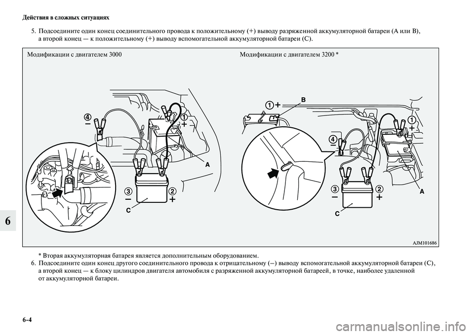 MITSUBISHI PAJERO 2017  Руководство по эксплуатации и техобслуживанию (in Russian) 64 Действия в сложных ситуациях
6
5. Подсоедините один конец соединительного провода к положительному (+) вывод