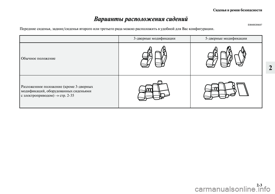 MITSUBISHI PAJERO 2017  Руководство по эксплуатации и техобслуживанию (in Russian) Сиденья и ремни безопасности
23
2 Варианты расположения сидений
E00400200687Передние сиденья, задние/сиденья второ