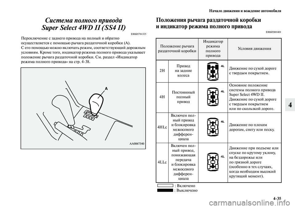MITSUBISHI PAJERO 2018  Руководство по эксплуатации и техобслуживанию (in Russian) Начало движения и вождение автомобиля
4:35
4 Система полного привода 
Super Select 4WD II (SS4 II)
E00605701325Переключение с зад�